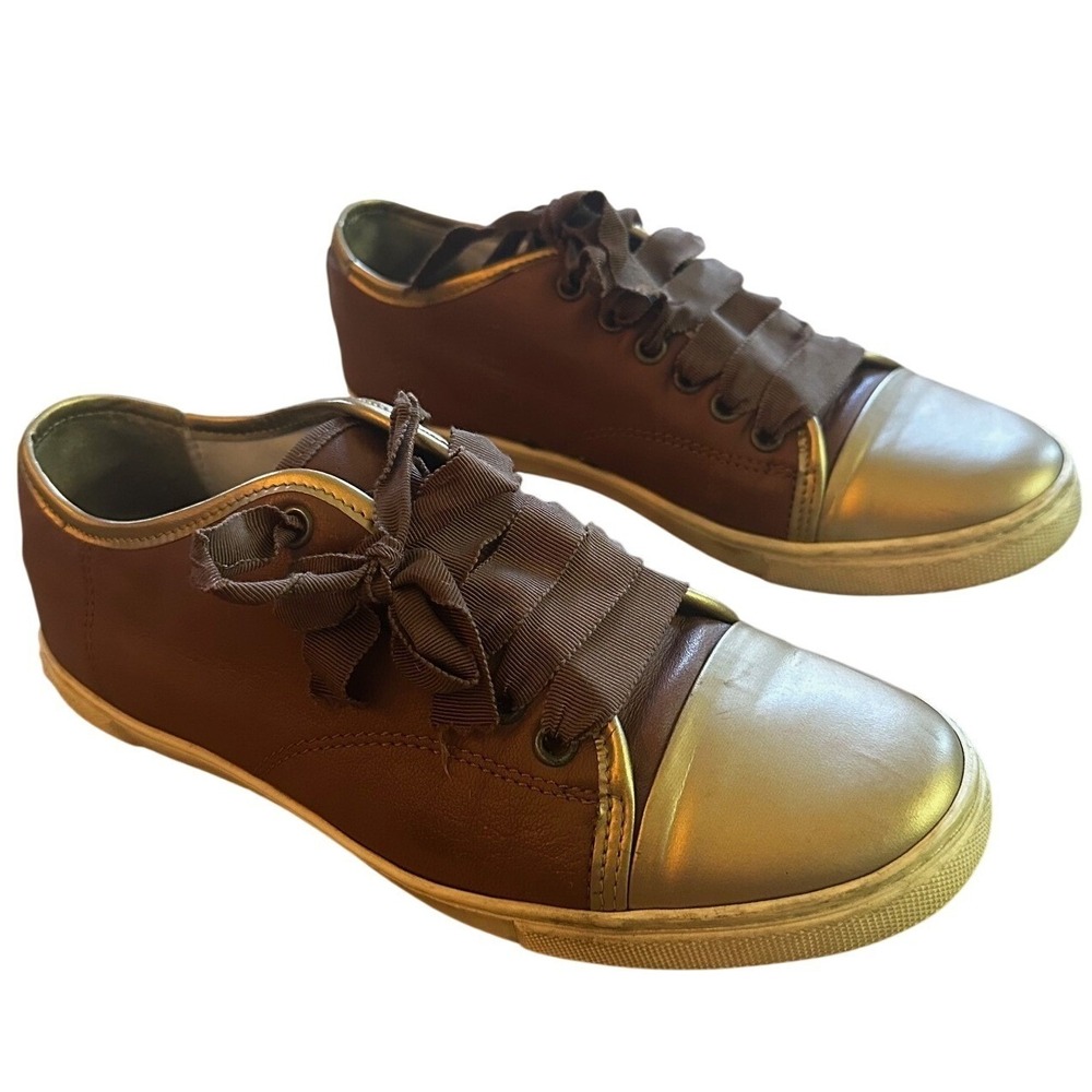 Lanvin Paris Brown Leather Gold Cap Toe Low Top Sneakers Women's 5.5
